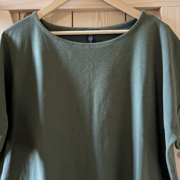 Eileen Fisher Olive Green Viscose Boxy Short Sleeve Dress Large Lagenlook Pocket - Picture 5 of 11